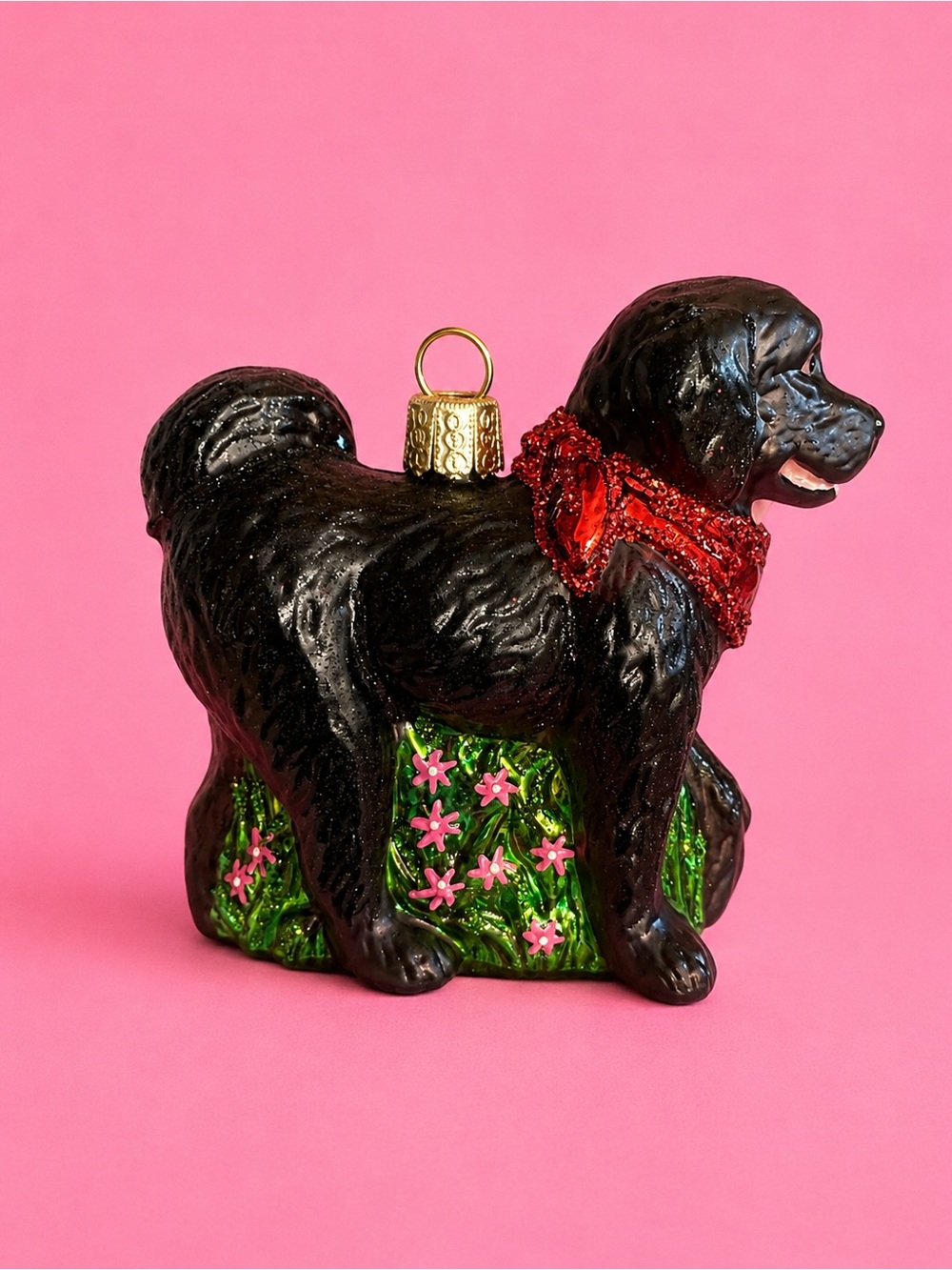 Black Dog Ornament with Red Bow - Pet Holiday Figurine